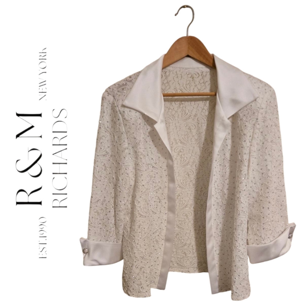 Vintage 1990'S R&M Richards Glittery Lace Jacket With Satin Trim Size 16